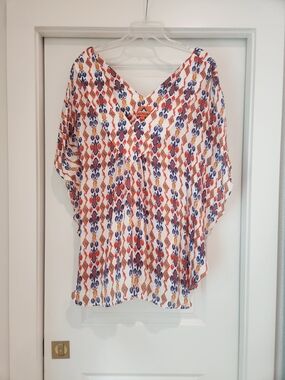 Pia Pauro V-Neck Ikat Print Tunic Top in White with Blue & Orange